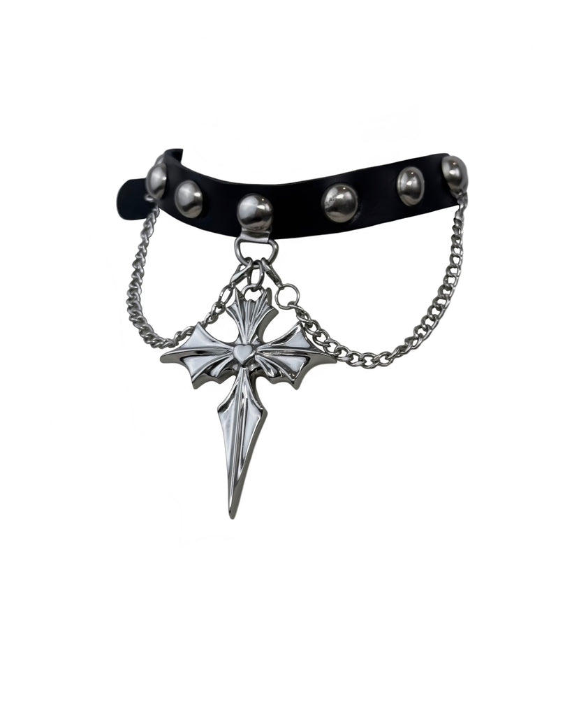 【HUGYOURSKIN】Lace Studded Top (Charcoal) Black Punk Leather Collar With Skull and Studs, Genuine